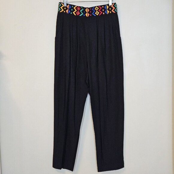 Emblem Pants Women 16 Black Waist Embroidery Tribal Elastic Zip Pleated Boho VTG - Picture 1 of 16